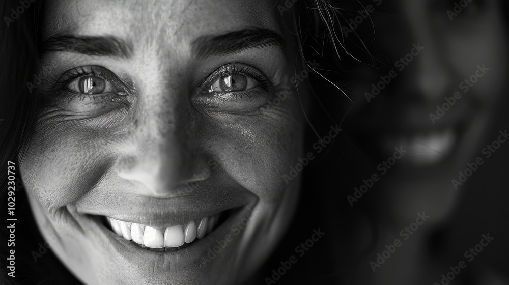 Black and white portrait of young happy woman and adult with a big smile on her face, beautiful contrast, concept black and white Black and white portrait of young happy woman and adult with a big smile on her face, beautiful contrast, concept black and white
