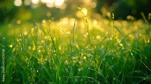 Green grass nature bokeh in garden background.