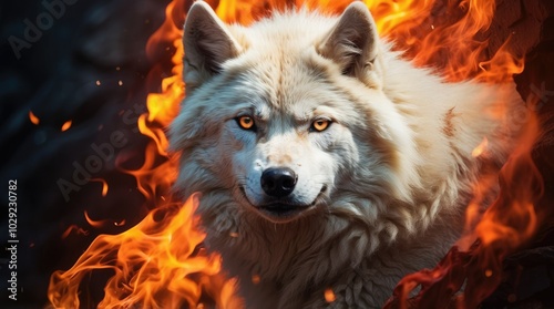 A majestic white wolf with piercing golden eyes emerges from vibrant flames,