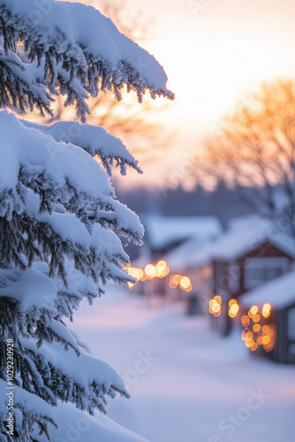 Winter landscape with a snow covered pine tree with garland and a small mountain town in the background photo