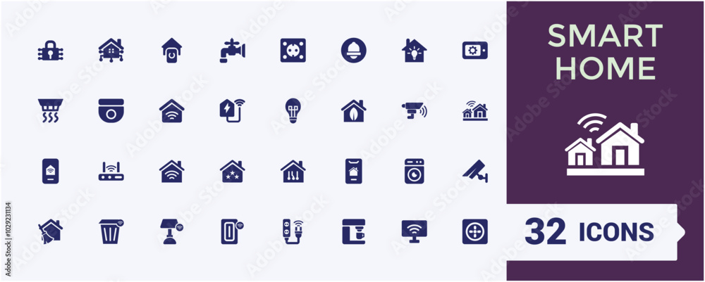 Smart Home solid Icon Set. Including automation, security, lighting, thermostat, and connectivity. Filled vector icons collection. Editable and pixel perfect. Smart Home solid Icon Set. Including automation, security, lighting, thermostat, and connectivity. Filled vector icons collection. Editable and pixel perfect.