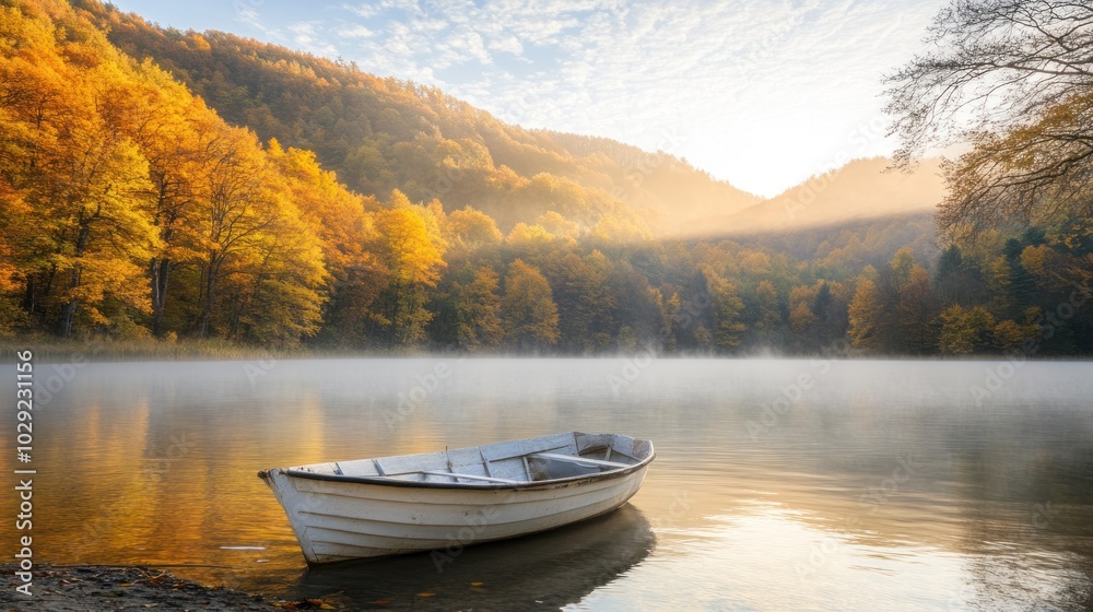 A Small Boat Resting on a Misty Lake Surrounded by Autumn Trees A Small Boat Resting on a Misty Lake Surrounded by Autumn Trees