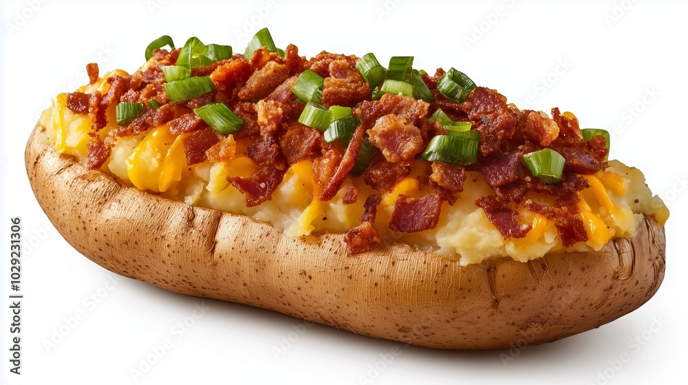 Photo of a baked potato on a white plate, stuffed with cheese, bacon bits and garnished with green onions. The dish looks appetizing and nutritious Photo of a baked potato on a white plate, stuffed with cheese, bacon bits and garnished with green onions. The dish looks appetizing and nutritious