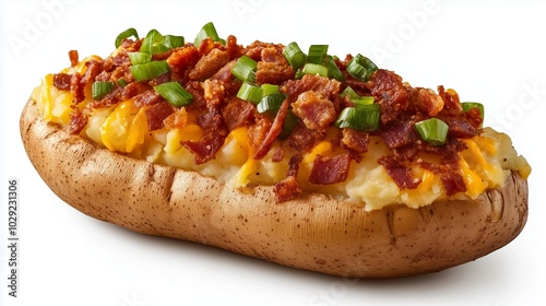 Photo of a baked potato on a white plate, stuffed with cheese, bacon bits and garnished with green onions. The dish looks appetizing and nutritious