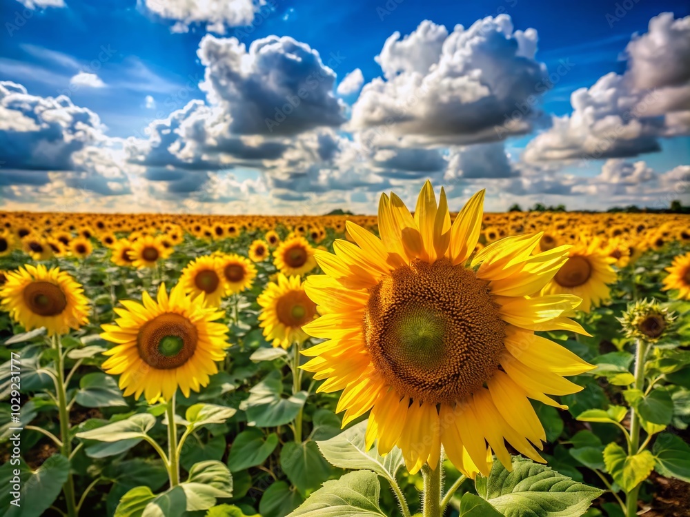 Obraz premium Summer Sunflower Field Under Blue Sky - Perfect Nature Scene for Stock Photos