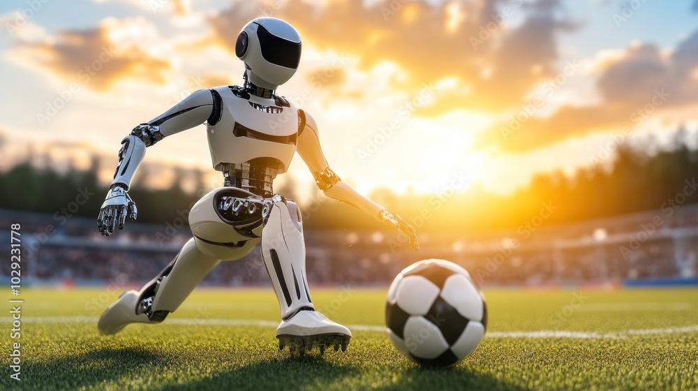 Fototapeta premium A Futuristic Robot Plays Soccer in a Stadium