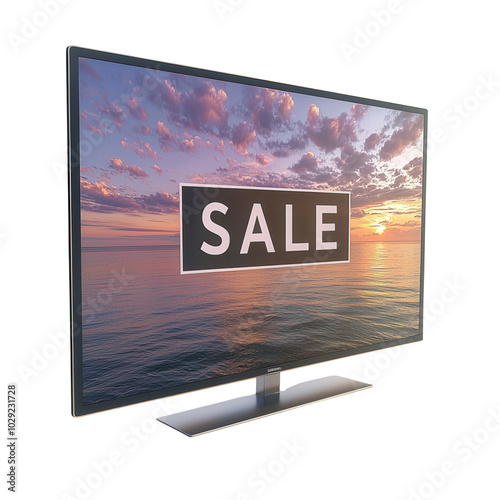 A modern TV displaying a vibrant sunset scene with a prominent sale sign, perfect for promoting discounts on electronics.