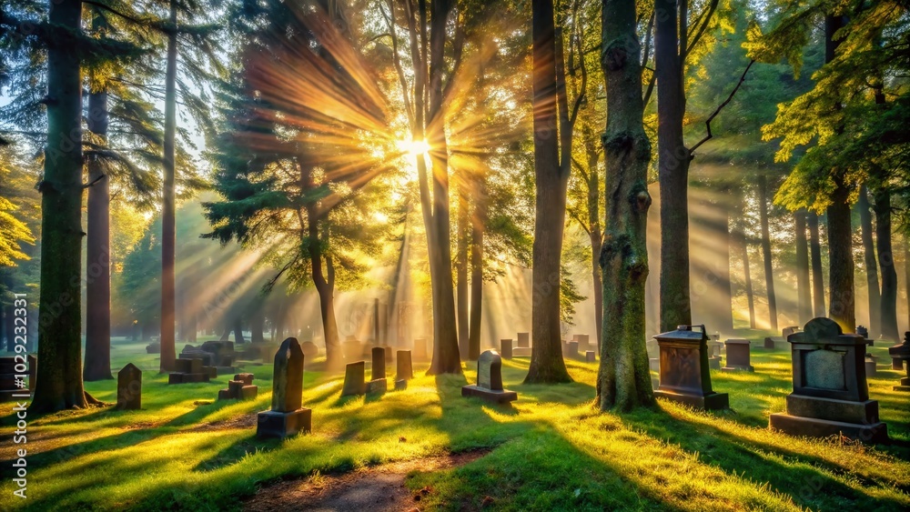 Fototapeta premium Sunbeams Through Gravestones in a Forest Cemetery - Tranquil Nature Scene