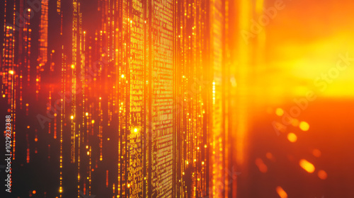 Dynamic digital data stream in a futuristic setting with glowing orange patterns reflecting technology