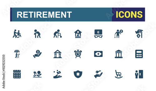 Retirement Assets solid icons set. Related to Savings, Time Management, Accounting, Property, Insurance and more. Editable filled icons collection. pixel perfect. Vector illustration.