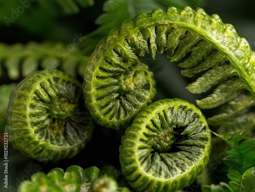 Emerging fern fronds captured in close-up, showcasing their intricate, coiled patterns. The image highlights the rich green textures in nature's unfolding beauty. photo