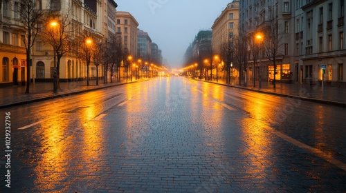 Rainy urban street at dusk