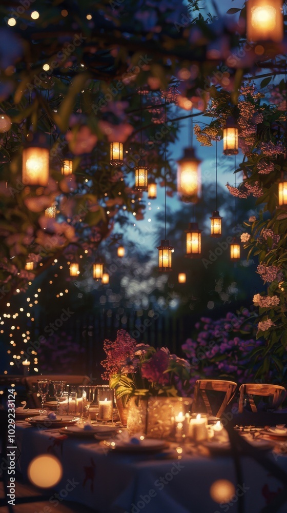 Lantern-lit garden party in twilight, 4K hyperrealistic photo Lantern-lit garden party in twilight, 4K hyperrealistic photo