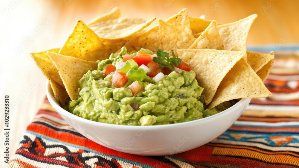 Bowl of fresh guacamole with tortilla chips, served on a colorful Mexican tablecloth Bowl of fresh guacamole with tortilla chips, served on a colorful Mexican tablecloth