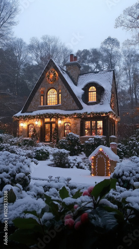 snowy village scene at dusk...