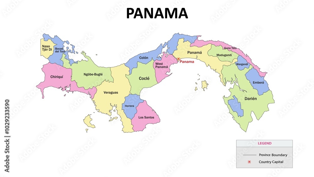 Fototapeta premium Panama Map. State map of Panama. State map of Panama in colour with capital.