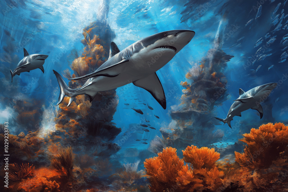 Fototapeta premium Sharks patrolling a coral reef with swarms of fish around the coral structures.