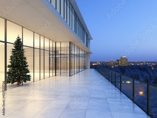 Christmas Tree on Snowy Rooftop Terrace in Urban Setting