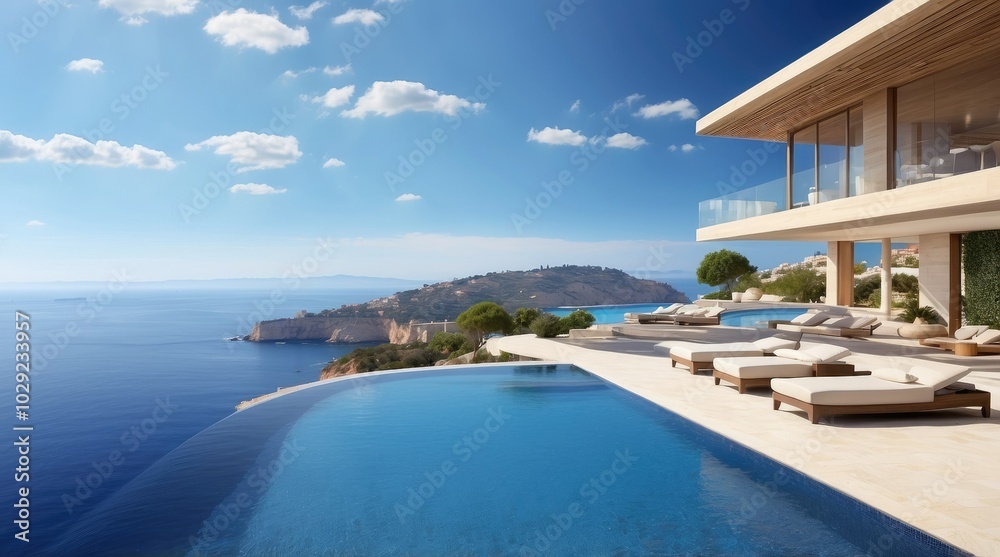 Fototapeta premium A stunning infinity pool overlooks a serene blue ocean,