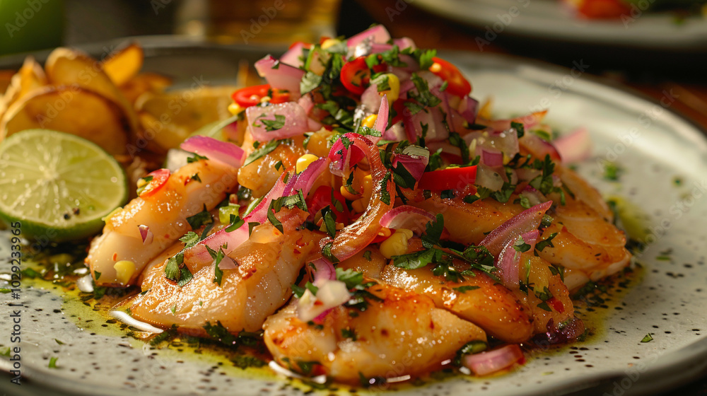 A serving of beautifully plated ceviche with thinly sliced fish marinated in zesty lime juice, topped with fresh cilantro, red onion, and vibrant chili, served with crispy plantain chips. A serving of beautifully plated ceviche with thinly sliced fish marinated in zesty lime juice, topped with fresh cilantro, red onion, and vibrant chili, served with crispy plantain chips.