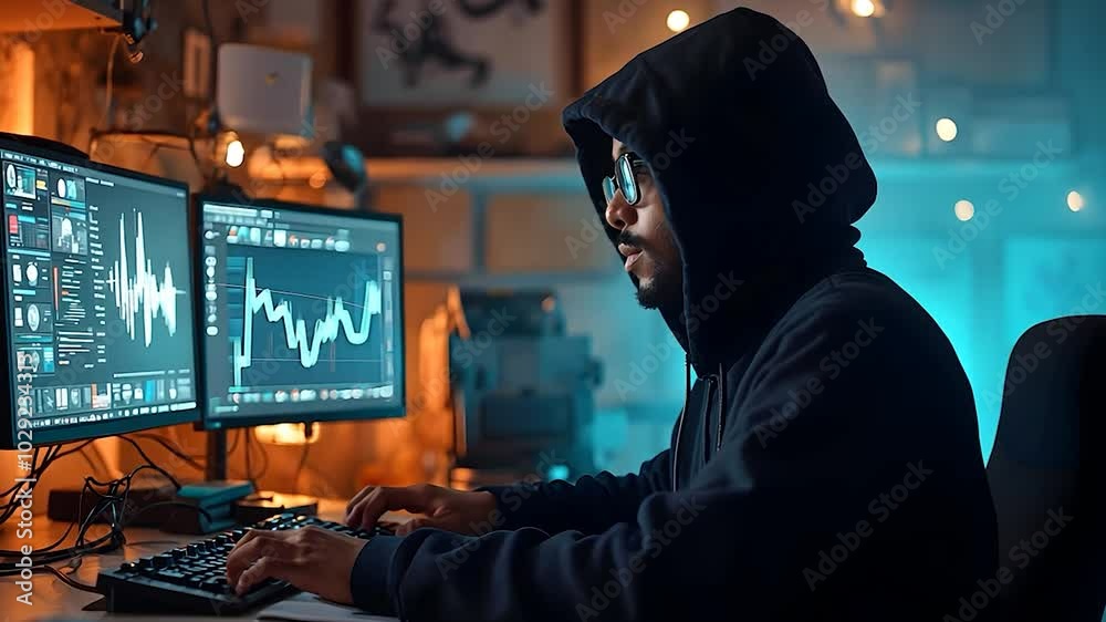 Hooded Man Working on a Computer at Night Hooded Man Working on a Computer at Night