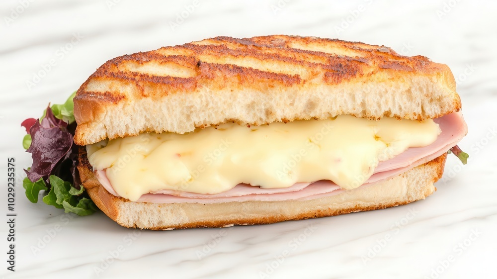 Hot panini sandwich with melted cheese and ham, served with a side salad Hot panini sandwich with melted cheese and ham, served with a side salad