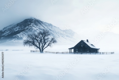 A wooden cabin stands alone in a snowy field with a lone tree in the foreground.