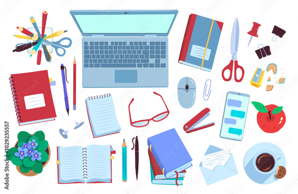 Top view flat lay vector illustration of workplace with laptop