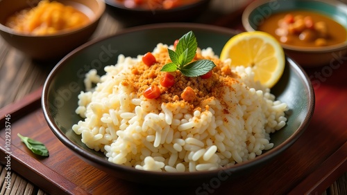 Stir fried rice with mango, lime, peas, and chili peppers