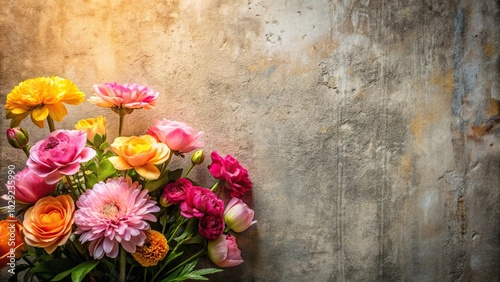 Flowers in front of textured wall with copy space