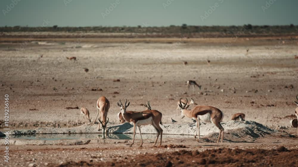 Head of grazing and browsing herd or group of springbok, impala, or springbuck antelope shading under a acacia tree in Etosha National Park, Namibia, Africa Head of grazing and browsing herd or group of springbok, impala, or springbuck antelope shading under a acacia tree in Etosha National Park, Namibia, Africa