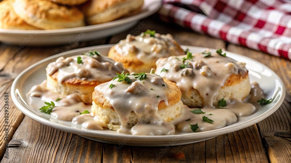 Fluffy buttermilk biscuits with sausage gravy on a plate Fluffy buttermilk biscuits with sausage gravy on a plate
