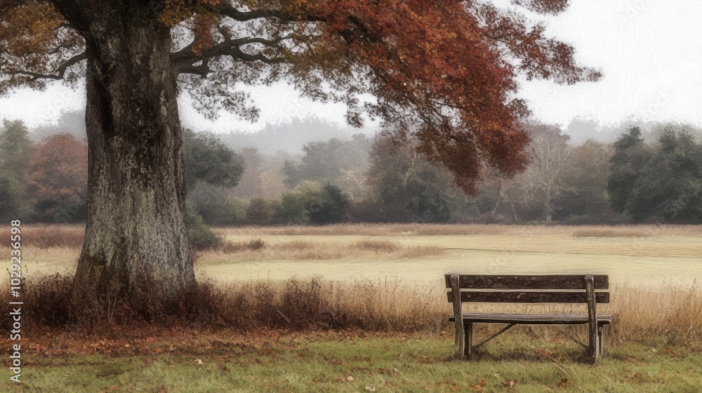 Serene wooden bench under a majestic tree in lush green field peaceful retreat in nature Serene wooden bench under a majestic tree in lush green field peaceful retreat in nature