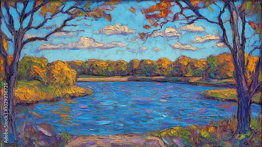 Autumn river landscape painting vibrant colors, serene river, forest trees, seasonal change, nature art, fall foliage Autumn river landscape painting vibrant colors, serene river, forest trees, seasonal change, nature art, fall foliage