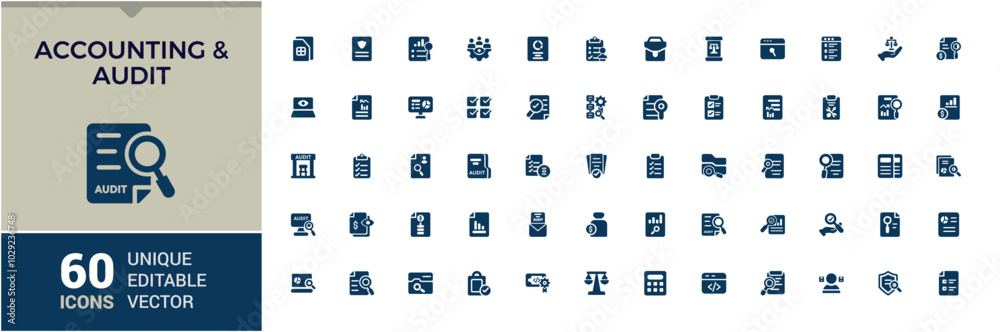 Set of solid icons for Accounting and audit. Containing financial statement, accountant, financial audit, invoice and more. Editable Filled icon collection. Pixel perfect. Set of solid icons for Accounting and audit. Containing financial statement, accountant, financial audit, invoice and more. Editable Filled icon collection. Pixel perfect.