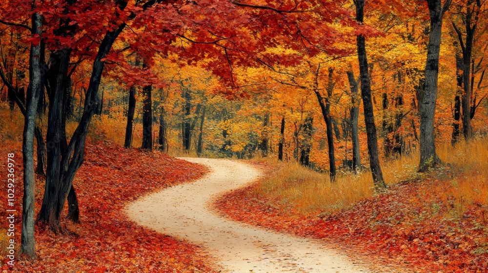 Naklejka premium Autumn path through forest with vibrant foliage stunning fall colors landscape photography