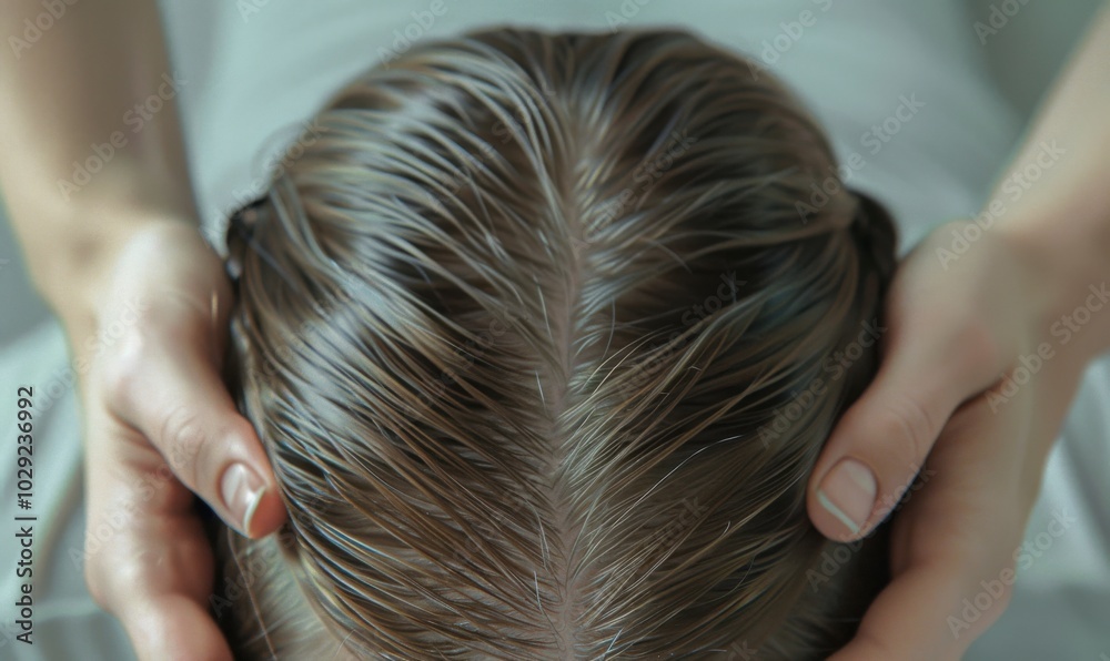 Naklejka premium Scalp massage with gentle circular motions, stress relief 4K hyperrealistic photo.