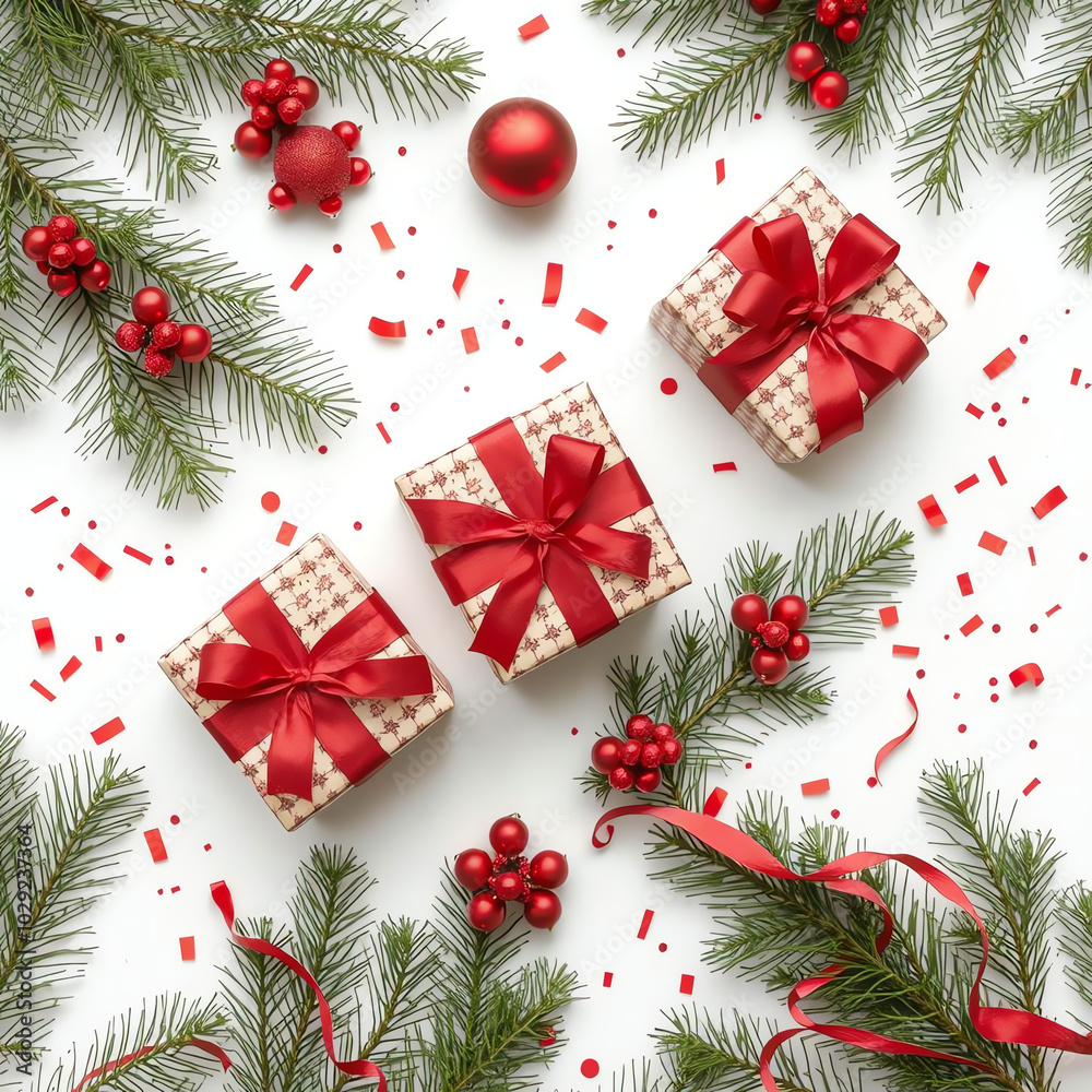 Red and white Christmas gifts with pine and confetti.