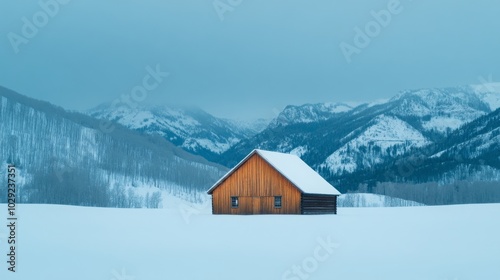 A serene winter landscape featuring a solitary cabin in the mountains