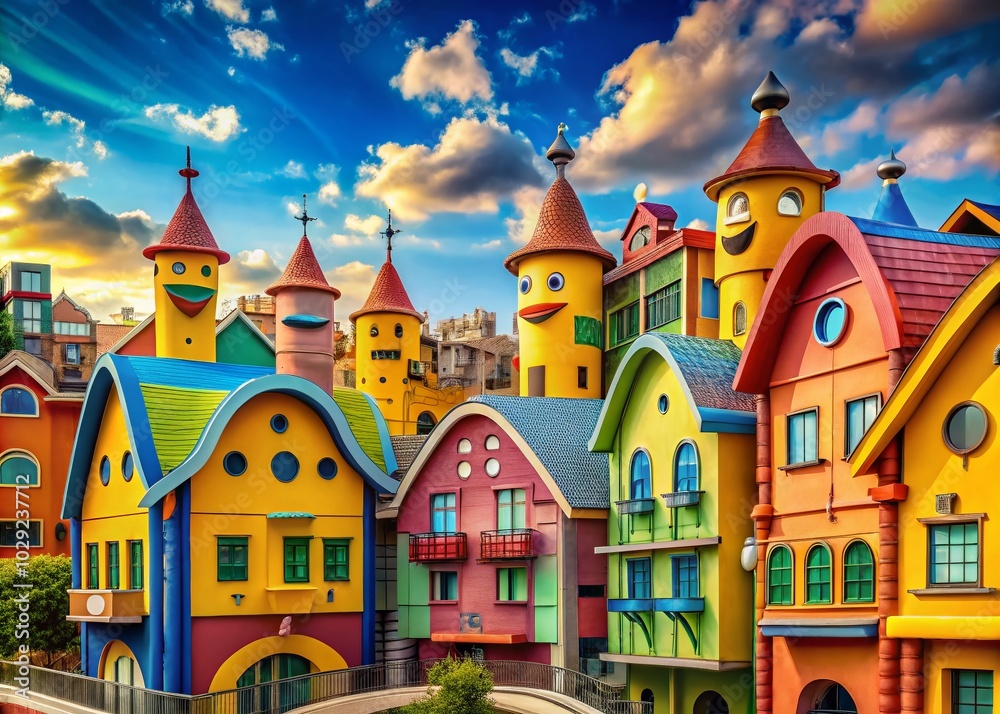 Cartoon Smiles Architecture: Whimsical Buildings with Joyful Faces and Lively Colors Cartoon Smiles Architecture: Whimsical Buildings with Joyful Faces and Lively Colors