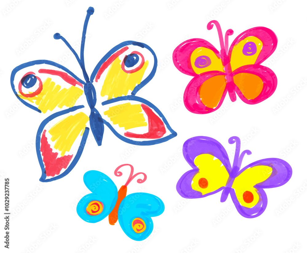 Felt pen hand drawn vector illustrations collection of child drawings of butterflies Felt pen hand drawn vector illustrations collection of child drawings of butterflies
