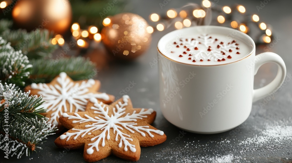 Festive coffee with snowflake cookies, surrounded by holiday lights and greenery Festive coffee with snowflake cookies, surrounded by holiday lights and greenery