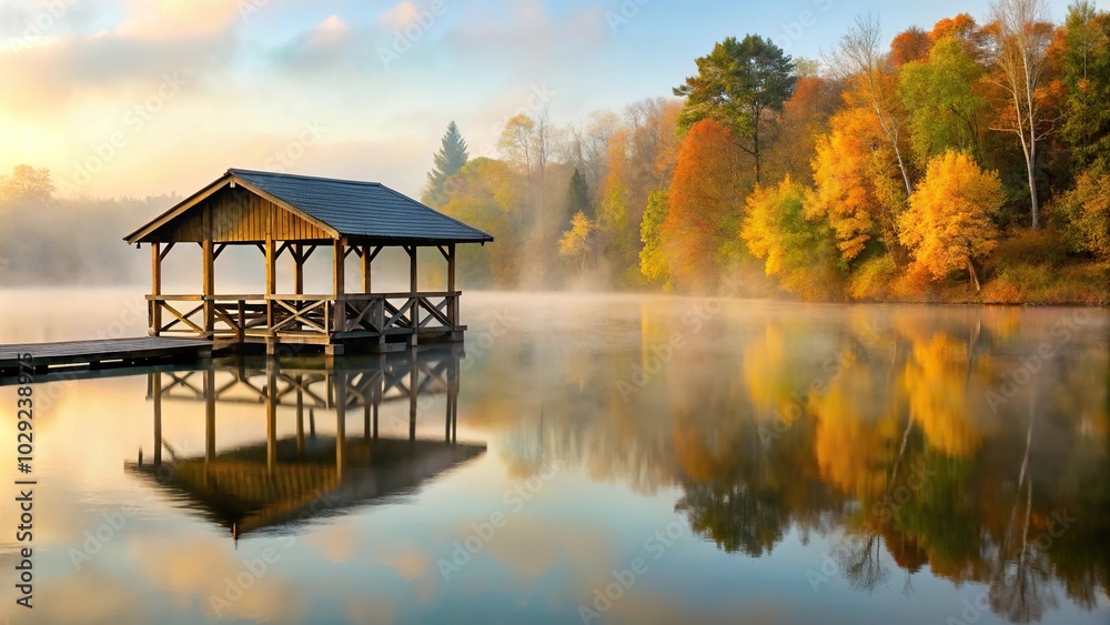 Fototapeta premium Foggy autumn morning at fishing shelter