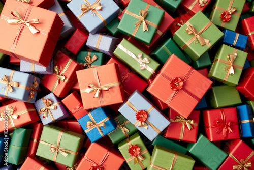 top view on a pile of colorful gifts with golden ribbon