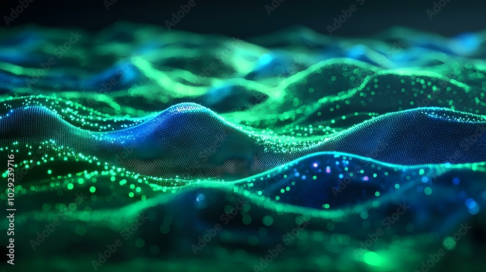 Abstract gradient waves of particles in neon green and blue, creating a glowing holographic effect in a futuristic digital wallpaper