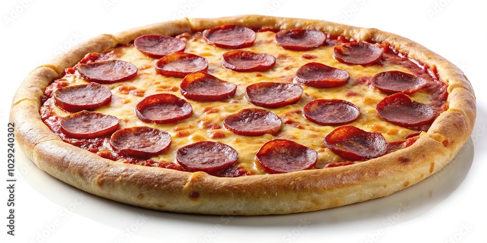 food photography of a pepperoni pizza with salami and cheese on white background food photography of a pepperoni pizza with salami and cheese on white background
