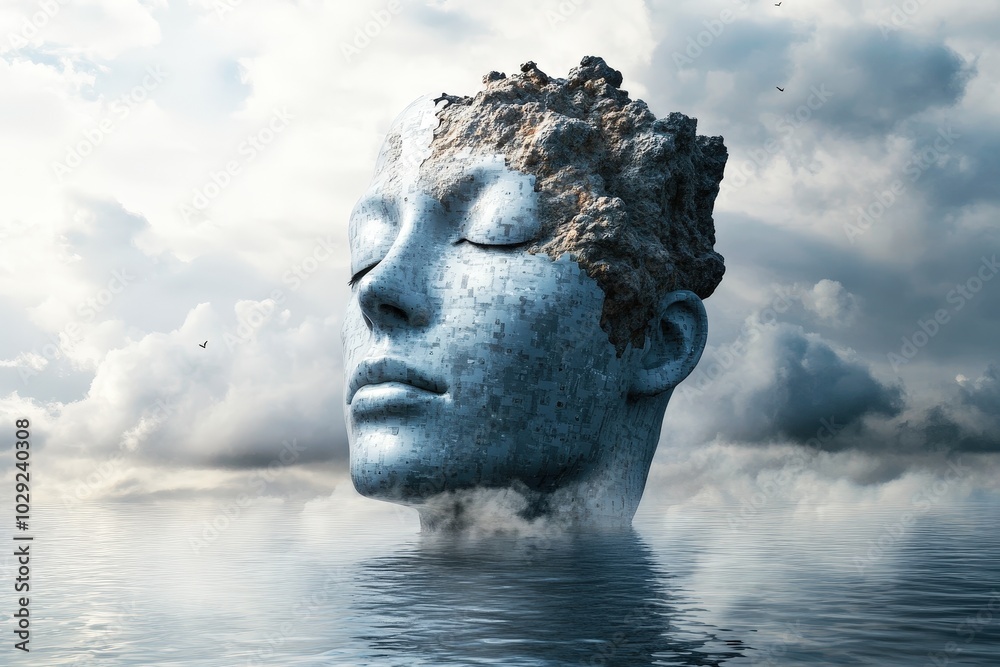 Futuristic AI Head Emerging from Water Futuristic AI Head Emerging from Water