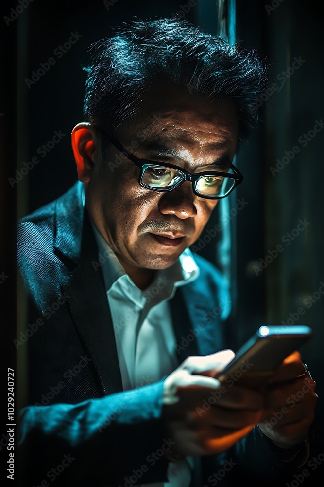 A Man in a Suit Looking at His Phone in the Dark A Man in a Suit Looking at His Phone in the Dark