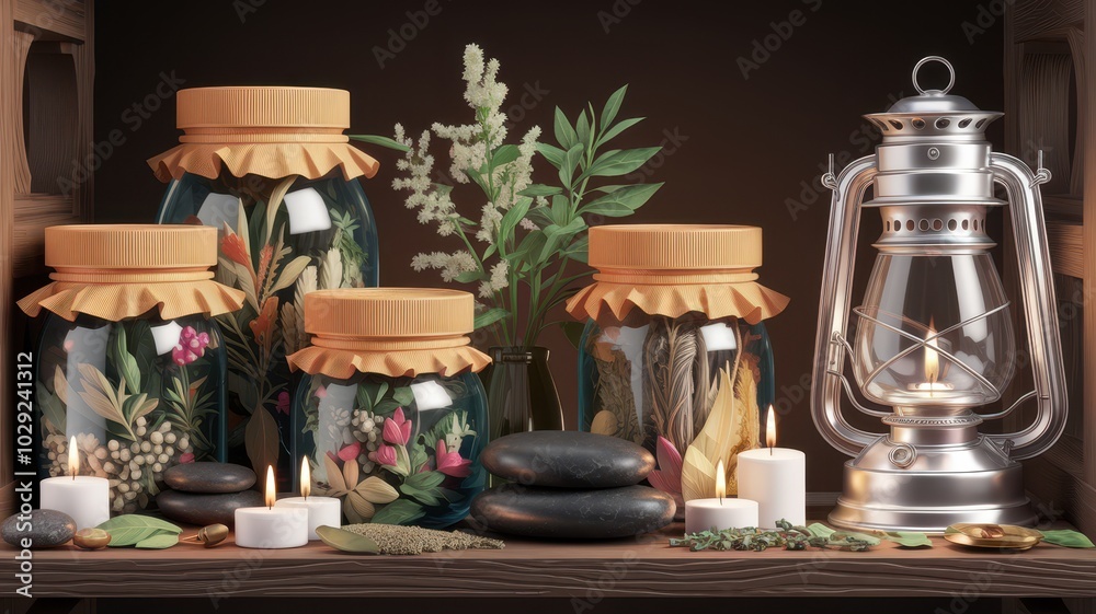 A shelf with jars of herbs and flowers, a lantern, and candles A shelf with jars of herbs and flowers, a lantern, and candles