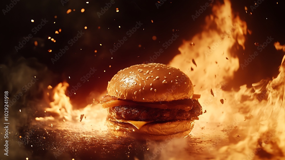 A Cheeseburger Surrounded by Flames and Smoke A Cheeseburger Surrounded by Flames and Smoke
